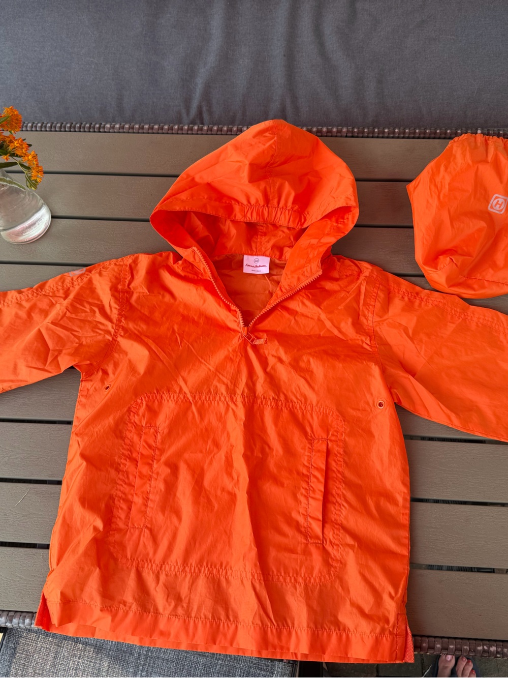 Hanna Andersson Kids Packable Windbreaker Rain Jacket Size 110 Orange w/ Bag